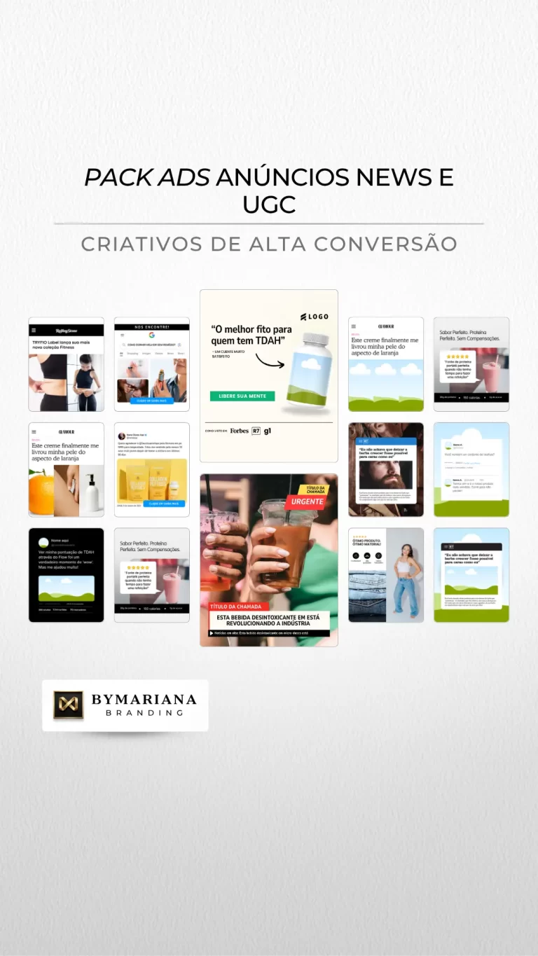Demonstração do que vem na coleção de Criativos de Anúncios Premium no Formato UGC e News para