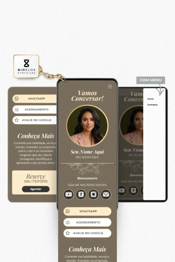 Link na Bio Canva — Modelo Aesthetics Clássico Luxo - Middle Bege Camurça Gold